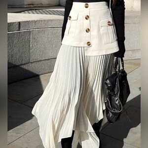 NWT Patchwork Asymmetrical Pleated Buttoned Midi Skirt